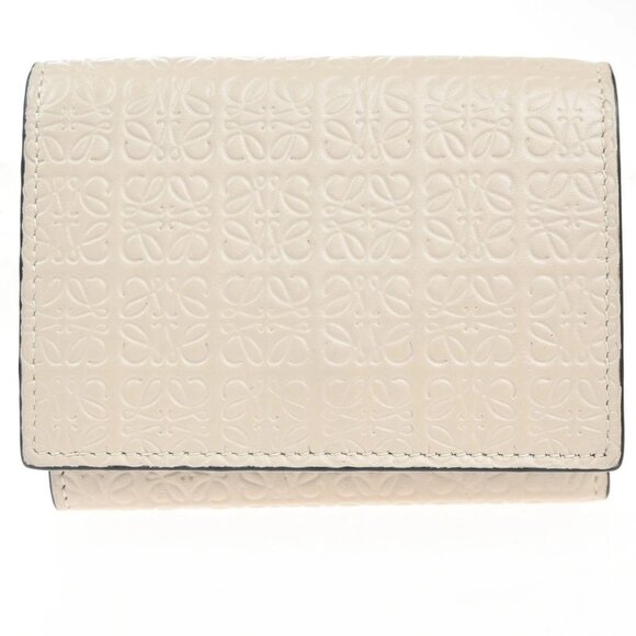 LOEWE Logo Anagram Repeat Trifold Wallet Embossed Leather Beige Spain 69MA294